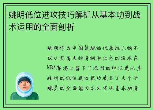 姚明低位进攻技巧解析从基本功到战术运用的全面剖析