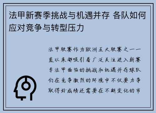 法甲新赛季挑战与机遇并存 各队如何应对竞争与转型压力